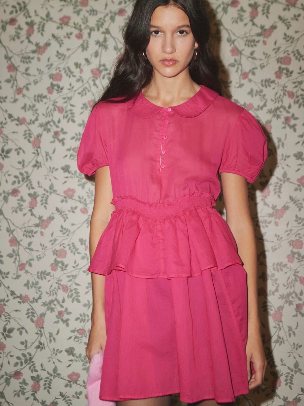 Sheer Women's Pink Puff Sleeve Peplum Top